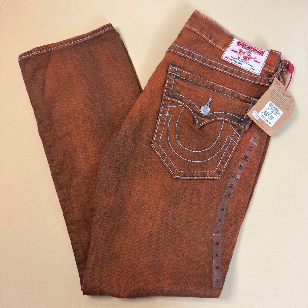 True Religion Jeans Mens 36 Burnt Orange Straight Flap Big T Stitching NWT